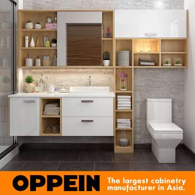 Oppein modern wall mounted laminate door sink bathroom side cabinet